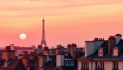 Fototapeta premium Sunset cityscape of Paris featuring the Eiffel Tower over rooftops, symbolizing travel, romance, and European urban life