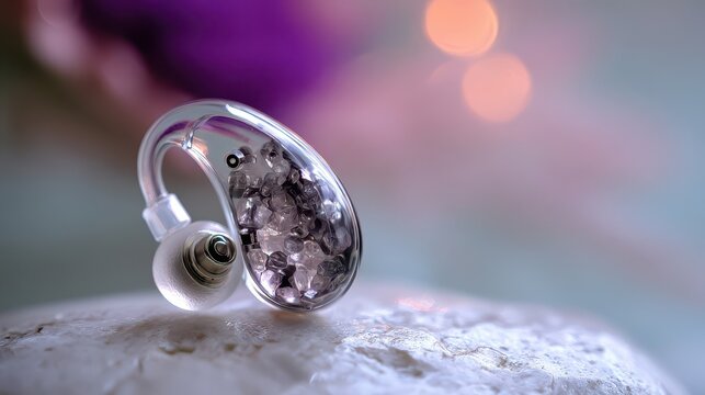 Close-up of a clear earbud with embedded stones.