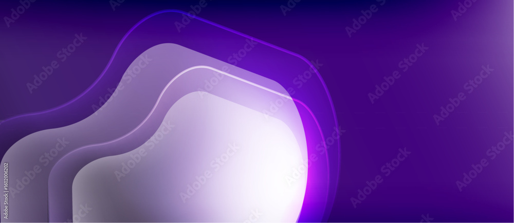 Poster abstract purple layers create flowing shapes. gradient effect suggests depth, modern design. minimal