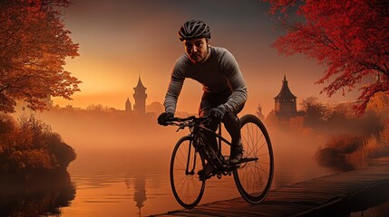 Obraz premium Cyclist riding along a misty lakeside path at sunset surrounded by autumn foliage and distant architecture