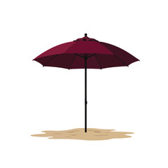Fototapeta premium Elegant burgundy beach umbrella on sandy shore, summer relaxation