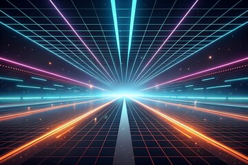 A vibrant neon grid tunnel stretching into a bright glowing infinity evoking a sense of futuristic...