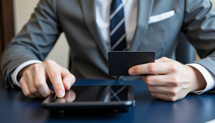 Person in suit with credit card and smartphone, digital payment and online shopping, secure financial transactions, mobile banking and e-commerce, and fintech innovation.