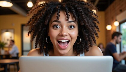 A surprised young woman with curly hair looking over a laptop, Excitement and discovery, Digital engagement, Online learning, and Remote work success.