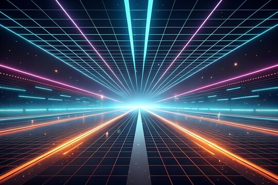 A vibrant neon grid tunnel stretching into a bright glowing infinity evoking a sense of futuristic digital travel