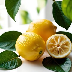 Fresh Lemons with Lush Green Leaves in Natural Light
