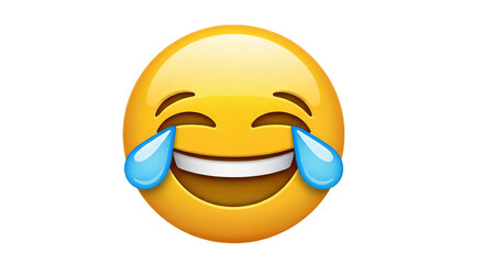 A bright yellow emoji face with tears of joy streaming down its cheeks and a wide toothy grin shown