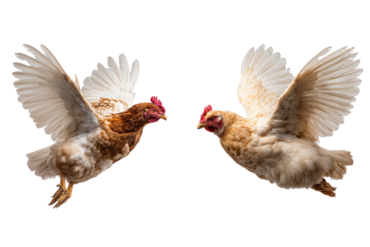 Two chickens flying or jumping with wings spread against a transparent background - Powered by Adobe