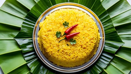 Top-Down View of Vibrant Yellow Rice on Banana Leaf with Red Chilies