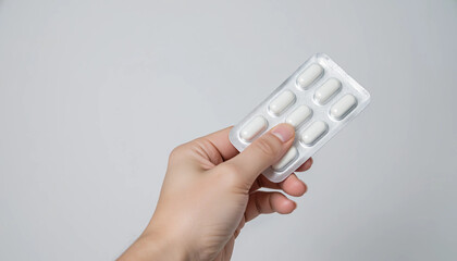 A hand holding a blister pack of white pills, medication for health, pharmaceutical product, medical treatment, and healthcare concept.