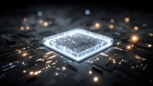 Exploring an advanced AI quantum processor with transparent chip and glowing neural layers in a dark tech landscape