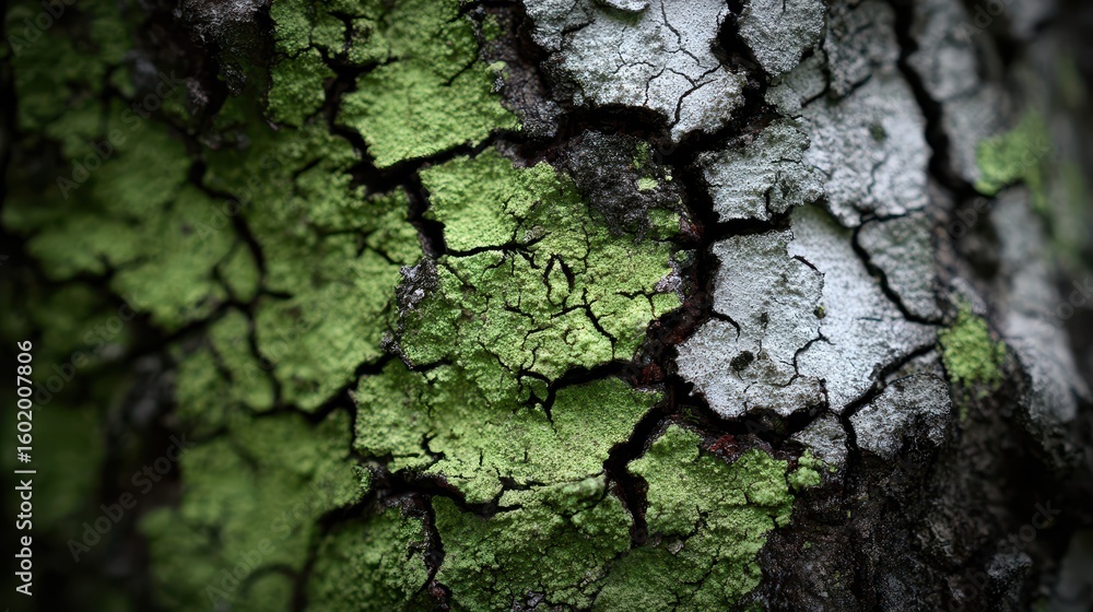Poster close-up view of textured tree bark with cracks and moss.