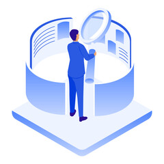 拡大鏡で情報を分析するビジネスマンのイラスト（リサーチ・調査・データ分析）