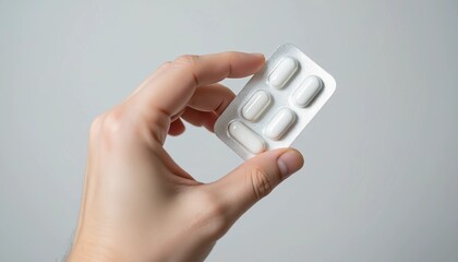 Hand holding a blister pack with white capsules, medication and health, pharmaceutical treatment, healthcare supplies, and wellness support.