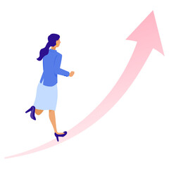 右肩上がりの矢印を駆け上がるビジネスウーマンのイラスト（成長・キャリアアップ・女性活躍）
