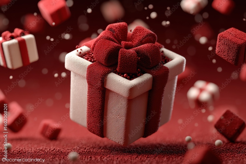 Poster open gift box with floating presents on a vibrant red background