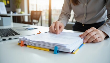 Close-up of a person's hands organizing documents on a white desk, Professional productivity, Efficient workflow management, Office administration tasks, and Business organization and planning.