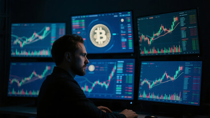 A focused trader analyzing complex Bitcoin candlestick charts and stock market data on multiple glowing monitors in a dark office, representing cryptocurrency investment and financial analysis