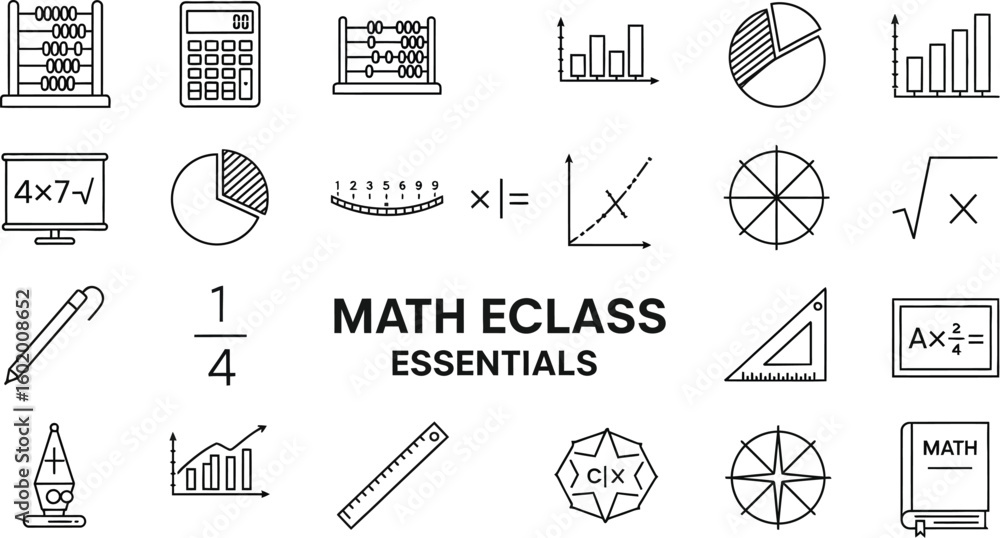 Poster vector art of line art icons for math education abacus calculator graphs fractions and essential mat