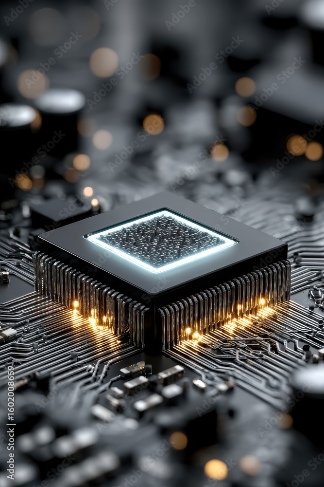 Poster high detail close-up of a glowing cpu on a futuristic circuit board
