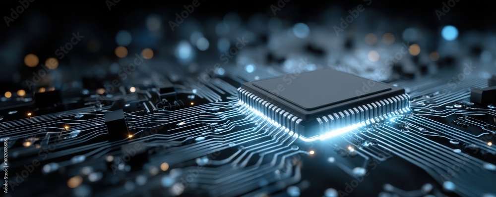 Poster close-up view of an electronic circuit board with a glowing microchip