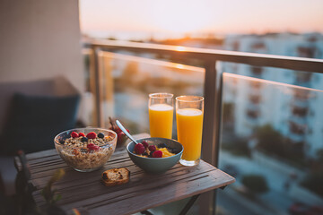 Scenic Balcony Breakfast with City Skyline View at Sunrise – Cereal, Fresh Fruit, and Orange Juice on Outdoor Table

