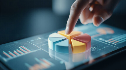 Analyzing a company's financial health. An accountant or analyst interacts with a holographic interface showing a company's financial health with pie charts and income statements. 