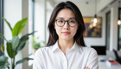 A young Asian woman with glasses and a white shirt, professional portrait, modern office setting, business and education, and confidence and intelligence.
