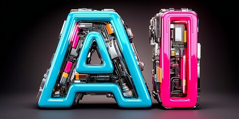 3D sci-fi typography of AI in neon robotic style with glossy tech finish