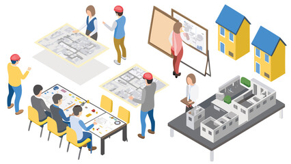 Isometric view showing architects discussing blueprints and models in a design meeting room setting
