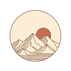 Minimalist Mountain Landscape with Sun and Lake in Circle Frame LOGO