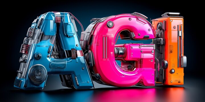 Futuristic 3D typography of AGI in glossy cyberpunk sci-fi tech style