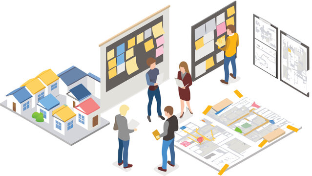 Illustration of a group collaborating on urban planning with houses and project boards present