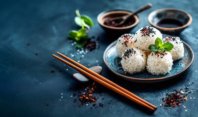 Creative food template. Stack of cooked white rice balls on ceramic plate with crispy rice sesame chili bits, chopsticks on granite table. copy text space. long banner wallpaper.	
