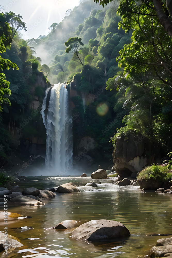 Poster scenic waterfall cascading into a pool surrounded by lush green forest and rocks, with sunlight filt
