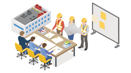 Isometric view of construction team reviewing blueprints at a table with a factory and whiteboard shown