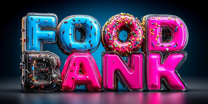 Glossy 3D candy typography spells FOOD BANK with sprinkles and sweet flair