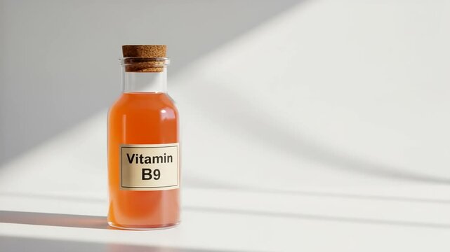 Vitamin B9 in a glass bottle with soft shadows