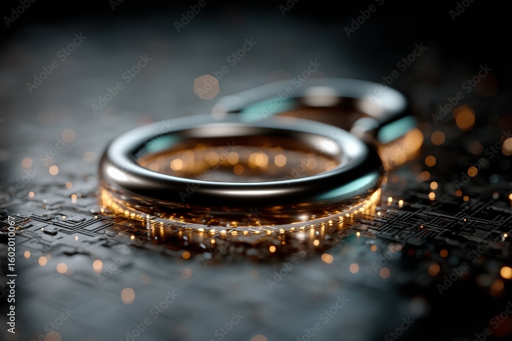Poster close-up of a glowing metallic lock in a wet reflective surface setting