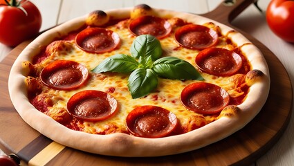 Close-Up of Pepperoni Pizza with Basil on Rustic Wooden Board