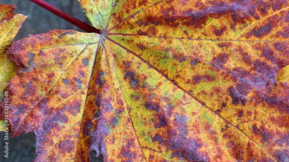 Aufkleber close-up view of an autumn leaf's intricate patterns.
