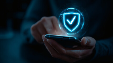 A secure mobile banking transaction visualized.	A person holds a smartphone, and a holographic shield icon forms around it as a transaction is confirmed, symbolizing secure mobile banking.
