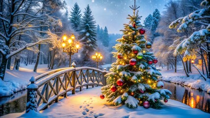 Decorated Christmas tree on snowy bridge with winter forest