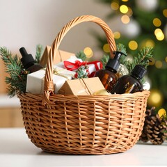 Christmas gift basket filled with goodies