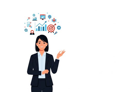 
A cheerful businesswoman presenting, with thought bubbles above her head containing icons of graphs, targets, and business analytics, symbolizing data-driven strategy - Powered by Adobe