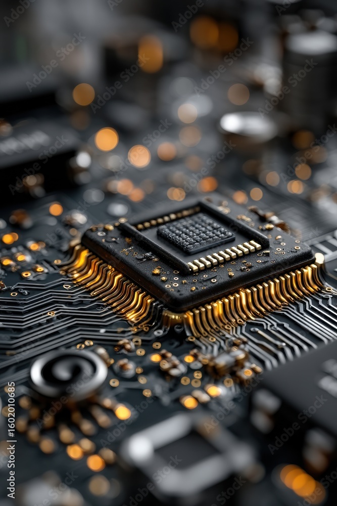 Poster high-tech circuit board with illuminated central processor close-up view