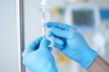 healthcare worker preparing an intravenous drip infusion setup for patient care
