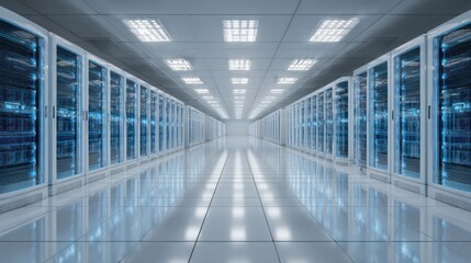 Data Center Corridor: Perspective view of a meticulously designed server room, filled with rows of high-tech server racks, suggesting powerful processing and secure data storage.
