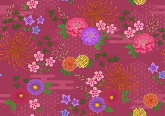 和柄 秋草模様シームレスベクター背景 菊・牡丹・撫子・桔梗・萩 レトロ 古典柄 あずき色 Japanese pattern Autumn grass pattern seamless vector background Chrysanthemum, peony, dianthus, bellflower, bush clover Retro Classic pattern brown