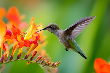 Hummingbird Hovers with Beak Extended Toward Vibrant Orange Flowers – Close-Up Capturing Delicate Interaction Between Bird and Blossom in Lush Natural Setting

